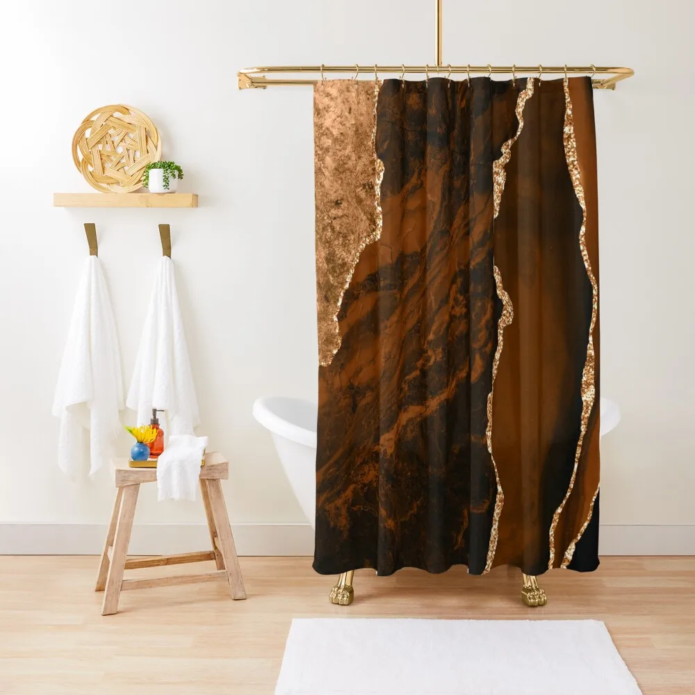 Абстрактен шоколадово кафяво и златен модерен дизайн с жеодовым агатом, душ завеси, пердета за баня