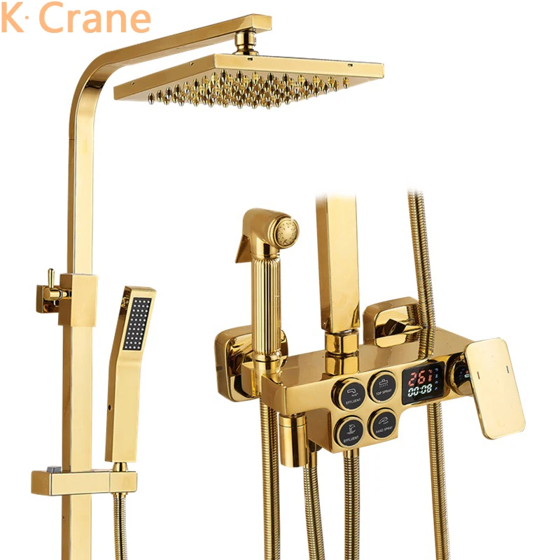 Златен дигитален смесител за душ, смесител за топла и студена вода в банята, термостатичен комплект за баня, квадратна глава, СПА, дъждовна Грифо, монтиране на стена Kraan