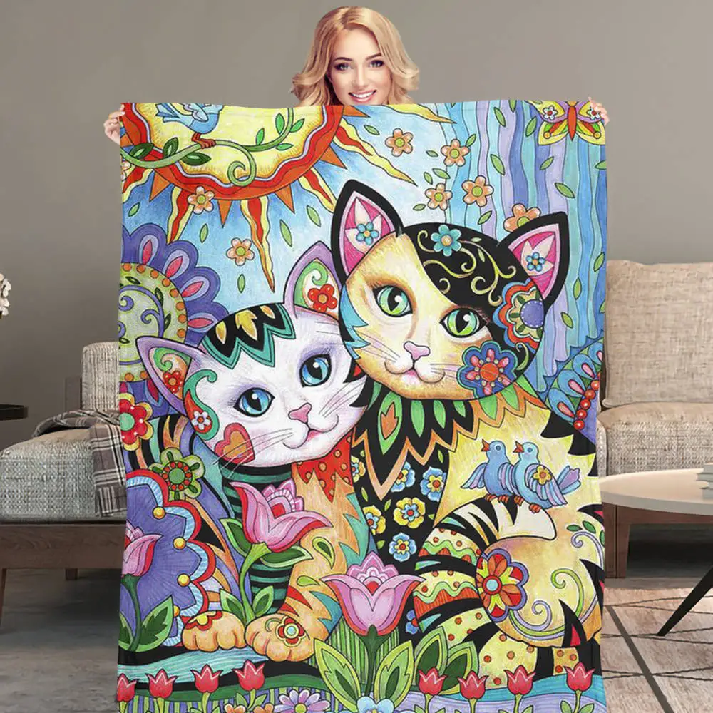 Фланелевое одеяло с забавен абстрактно изображение на котка, уютна мека чаршаф, диван, офис купчина топли одеяла, шал за дома, за пътуване, къмпинг