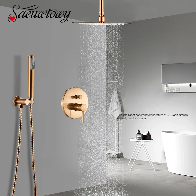 Смесител за душ от матово розово злато, скрит кран, дъждовна накрайник за душ, смесител за баня, монтиран на стената/тавана смесител за душ