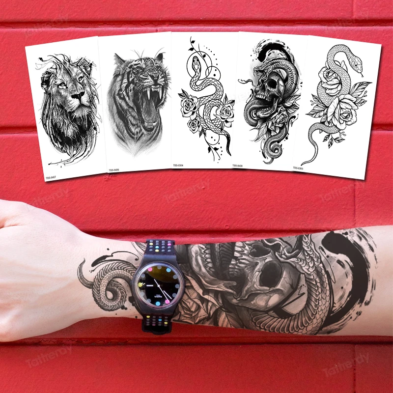 стикер с татуировка на ръкав, черна аниме горска дива сексуална змия, лъв, тигър, временни татуировки за мъже, жени, стикер за боди арт