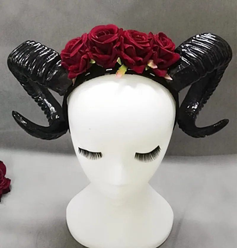 Хелоуин Ретро Овце Рог Готическата превръзка на главата Cosplay парти готически дяволски Рога Червена Роза цветя, Аксесоари За Коса за Момиченца