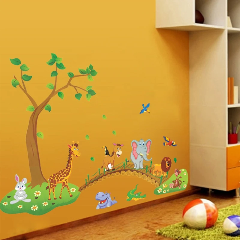 3D Cartoon Джунгли, диви животни, дърво, мост, лъв, Жираф, слон, птици, цветя, стикери за стена за детски стаи, интериор у дома в хола
